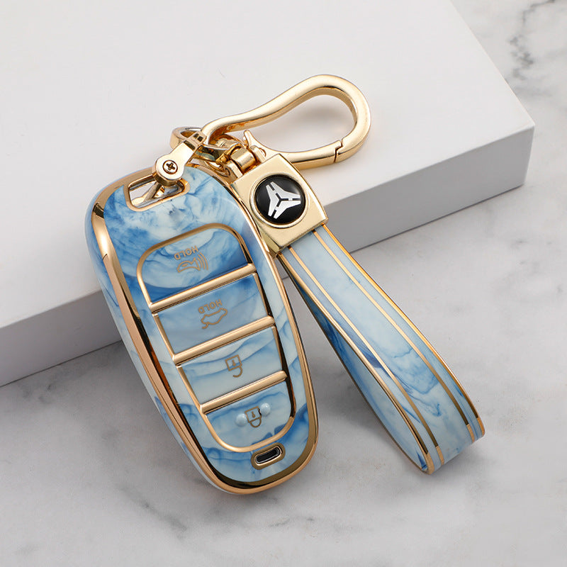 Carsine Hyundai Car Key Case Gold Inlaid With Jade Blue / Key case + strap