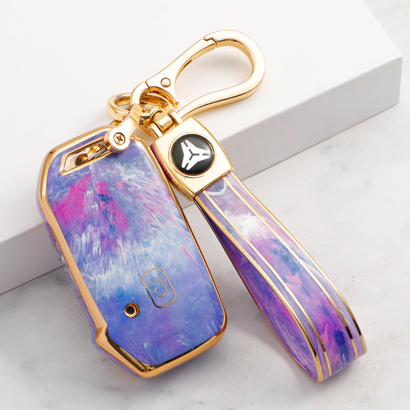 Carsine Kia Car Key Case Gold Inlaid With Jade Purple / Key case + strap