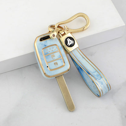 Carsine Honda Car Key Case Gold Inlaid With Jade Blue / Key case + strap