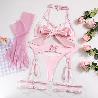 Sechsteiliges Set Bondage Hohlgürtel Lange Handschuhe Brustgurt Sexy Dessous