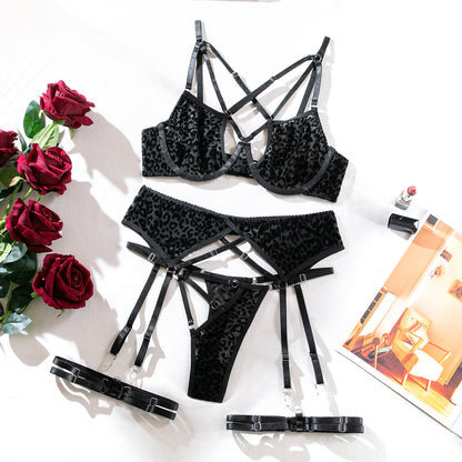 Vierteiliges sexy Dessous-Set mit Leopardenmuster und Hohlband