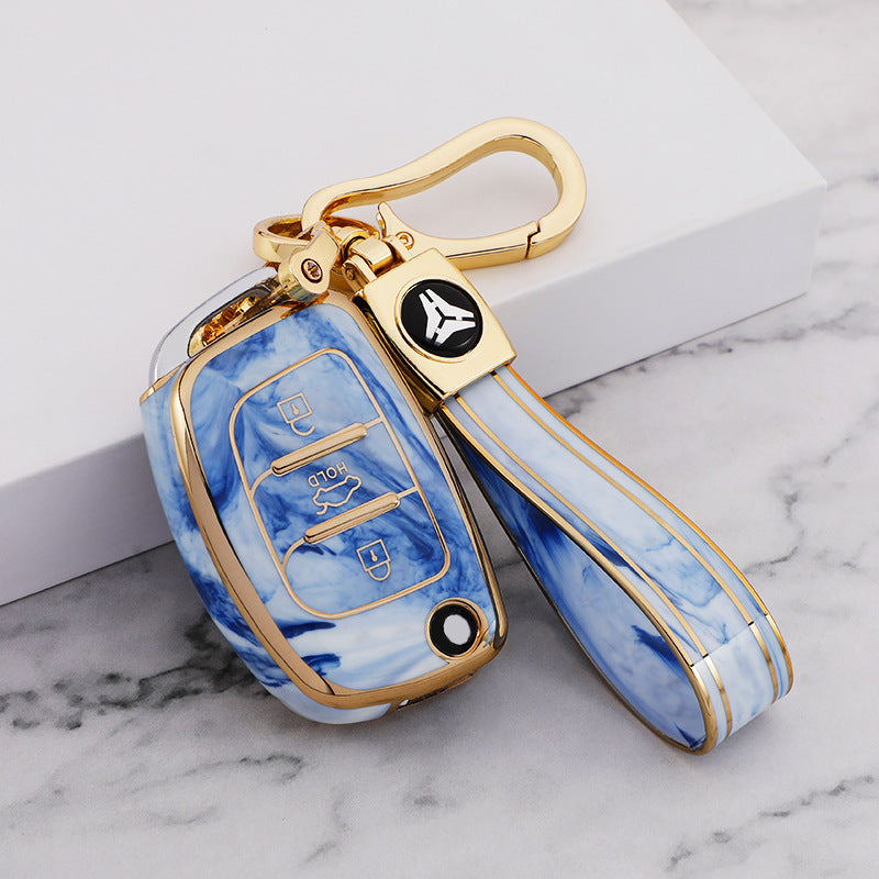 Carsine Hyundai Car Key Case Gold Inlaid With Jade Blue / Key case + strap