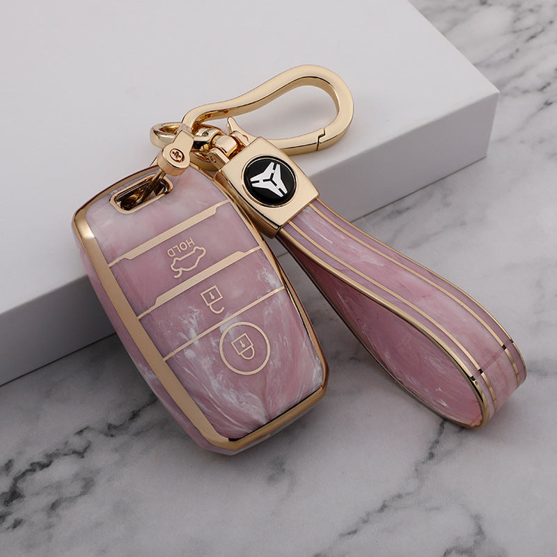 Carsine Kia Car Key Case Gold Inlaid With Jade Pink / Key case + strap