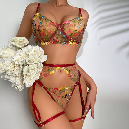 Red Sexy Lingerie 4-Piece Set T-Back with Leg Rings