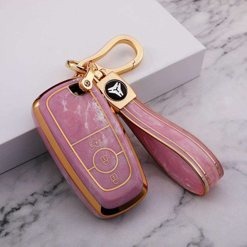 Carsine Ford Car Key Case Gold Inlaid With Jade Pink / Key case + strap