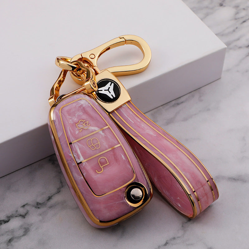 Carsine Ford Car Key Case Gold Inlaid With Jade Pink / Key case + strap