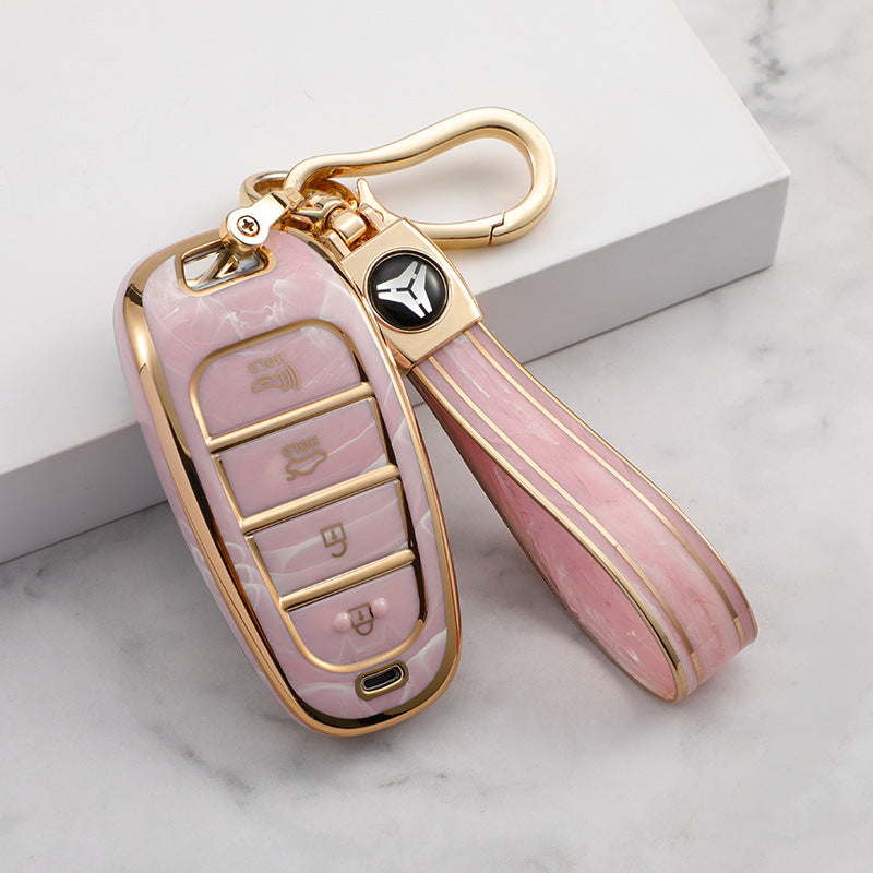 Carsine Hyundai Car Key Case Gold Inlaid With Jade Pink / Key case + strap