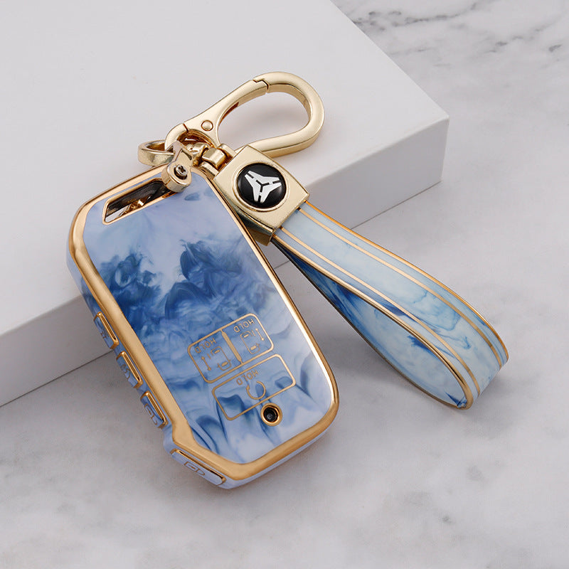 Carsine Kia Car Key Case Gold Inlaid With Jade Blue / Key case + strap