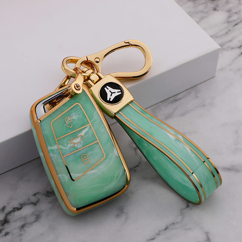 Carsine Volkswagen Car Key Case Gold Inlaid With Jade Green / Key case + strap