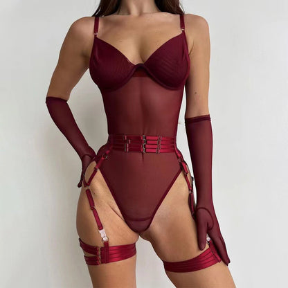 Sexy Netz-Bodysuit mit Handschuhen, Gürtel und Strapsen