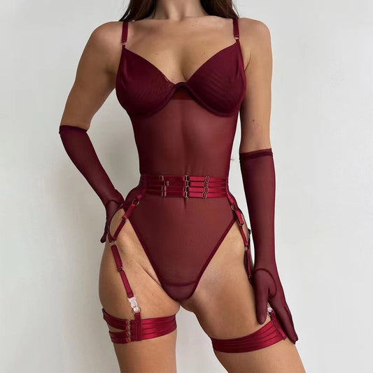 Sexy Netz-Bodysuit mit Handschuhen, Gürtel und Strapsen