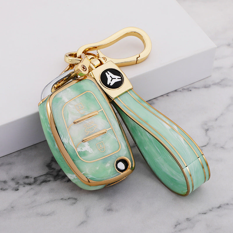 Carsine Hyundai Car Key Case Gold Inlaid With Jade Green / Key case + strap