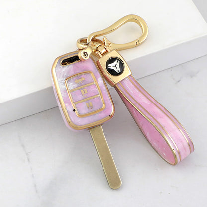 Carsine Honda Car Key Case Gold Inlaid With Jade Pink / Key case + strap