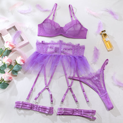 See-through sexy lingerie 4-piece set with tutu skirt