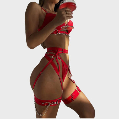 Metal chain accessories pure sexy lingerie four-piece set