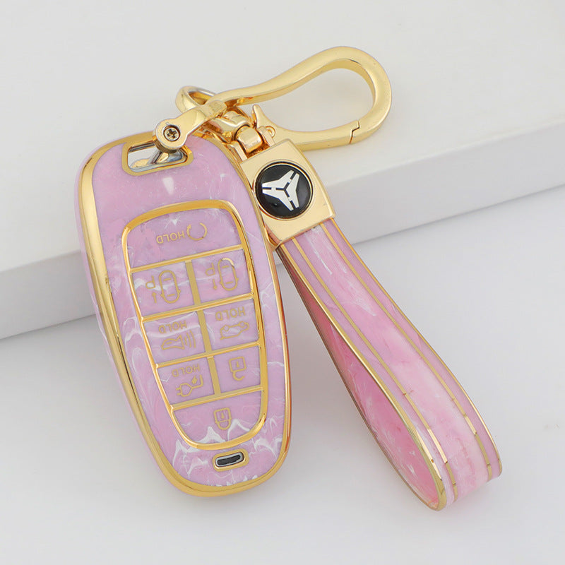 Carsine Hyundai Car Key Case Gold Inlaid With Jade Pink / Key case + strap