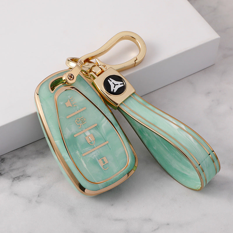 Carsine Chevrolet Car Key Case Gold Inlaid With Jade Green / Key case + strap