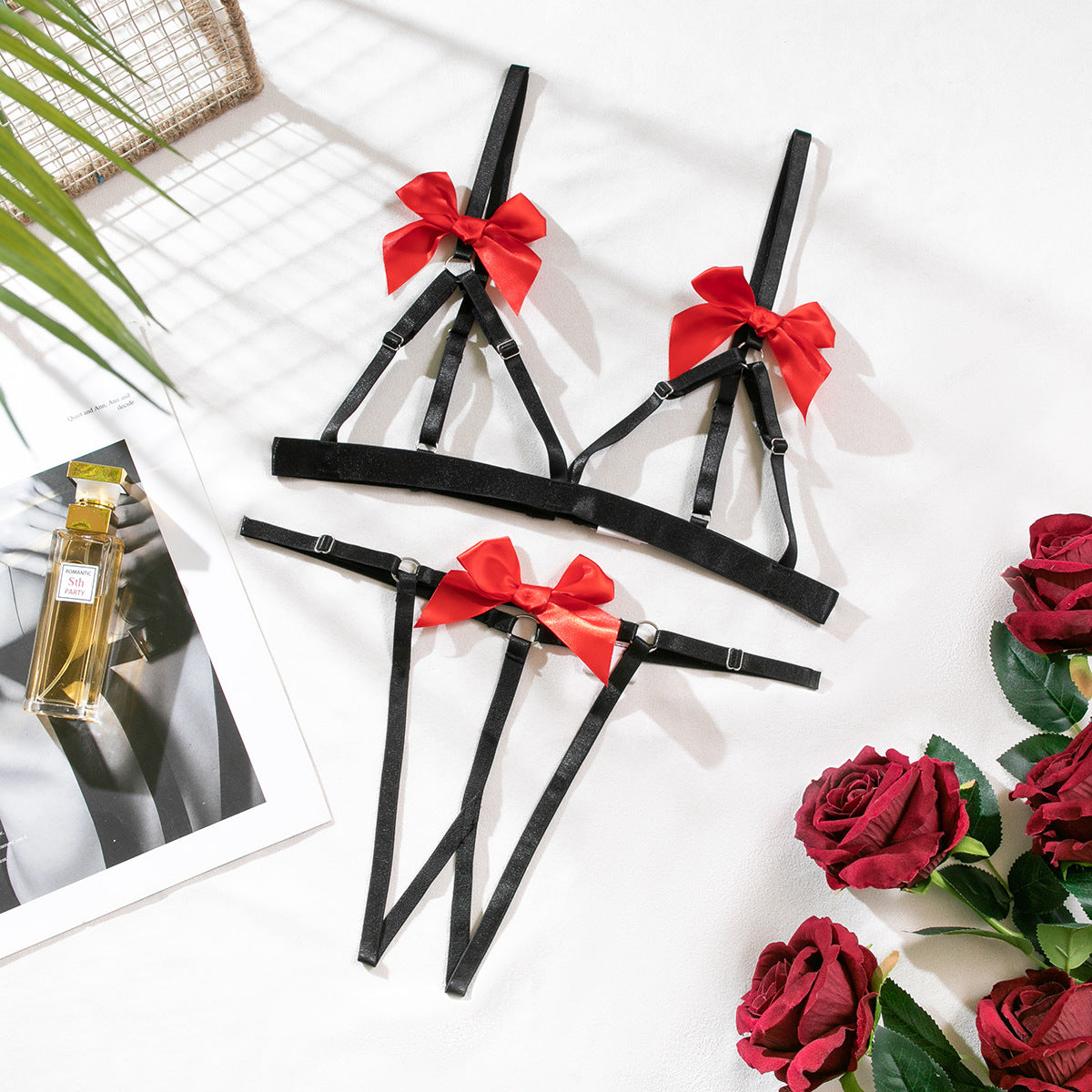 Open crotch exposed breast bow sexy lingerie two piece set Carsine Open crotch exposed breast bow sexy lingerie two piece set Carsine