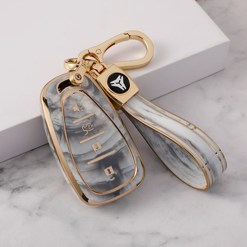 Carsine Chevrolet Car Key Case Gold Inlaid With Jade Grey / Key case + strap
