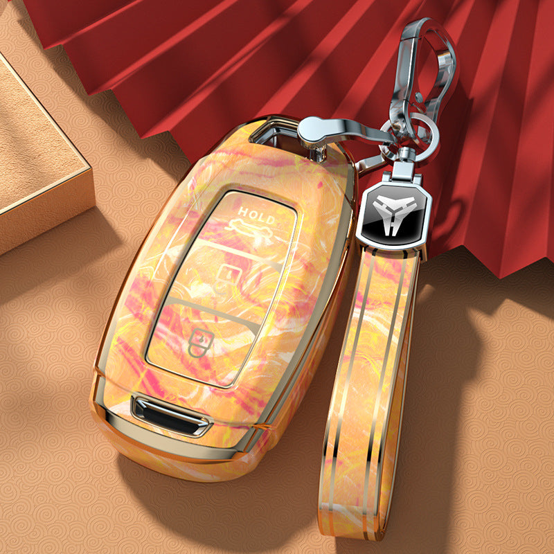 Carsine Hyundai Car Key Case Gold Inlaid With Jade Yellow / Key case + strap