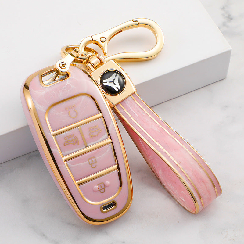 Carsine Hyundai Car Key Case Gold Inlaid With Jade Pink / Key case + strap