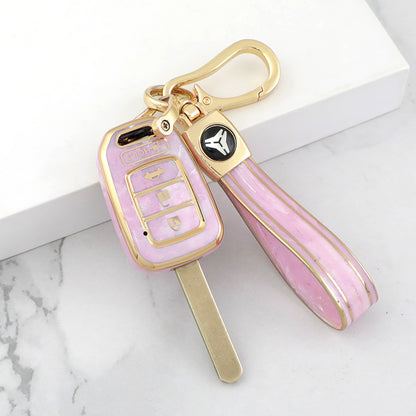 Carsine Honda Car Key Case Gold Inlaid With Jade Pink / Key case + strap