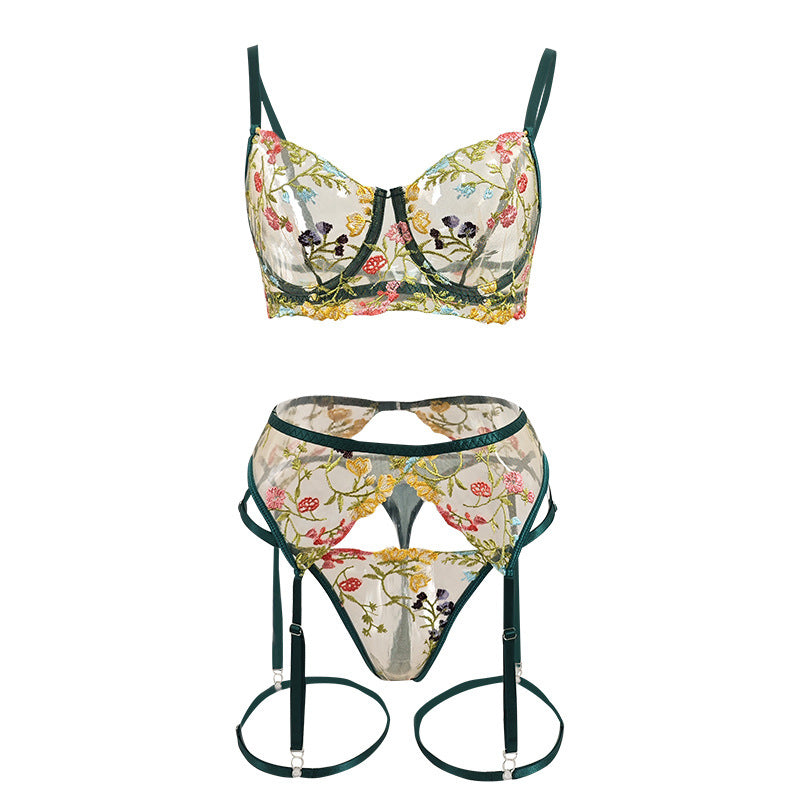 Green Sexy Lingerie 4-Piece Set T-Back with Leg Rings