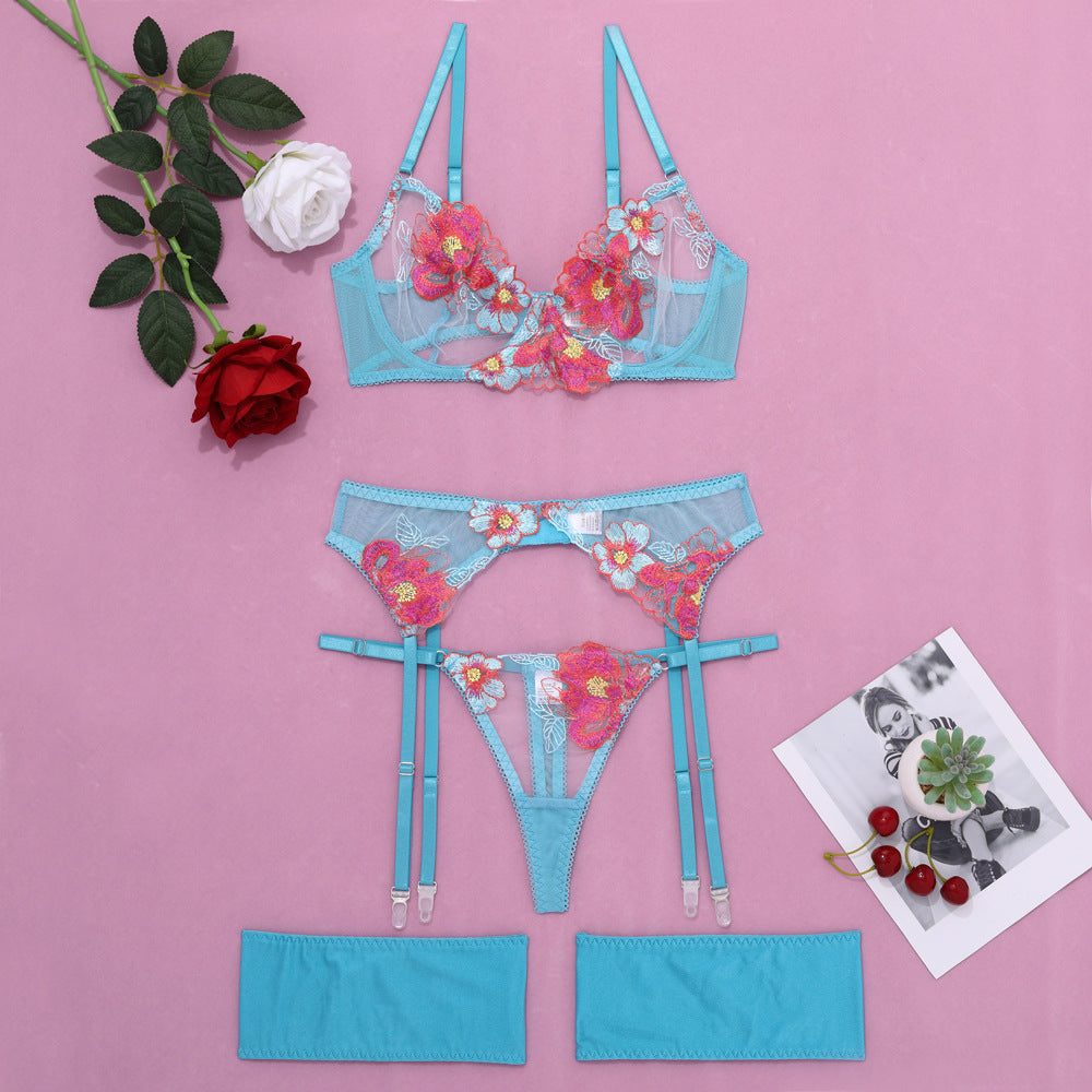 Sexy Dessous-Set mit Strumpfhaltern und besticktem Netzstoff, 4-teilig