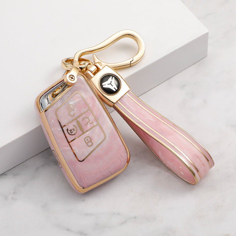 Carsine Volkswagen Car Key Case Gold Inlaid With Jade Pink / Key case + strap