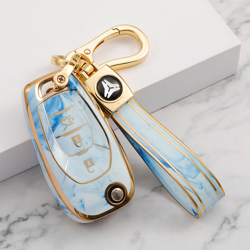 Carsine Chevrolet Car Key Case Gold Inlaid With Jade Blue / Key case + strap