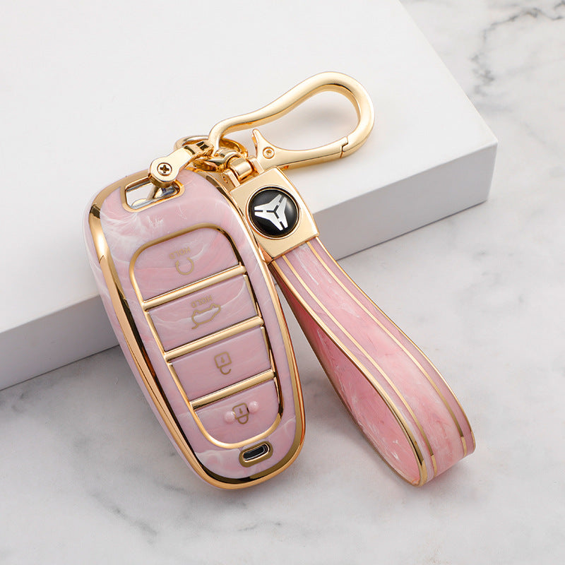 Carsine Hyundai Car Key Case Gold Inlaid With Jade Pink / Key case + strap