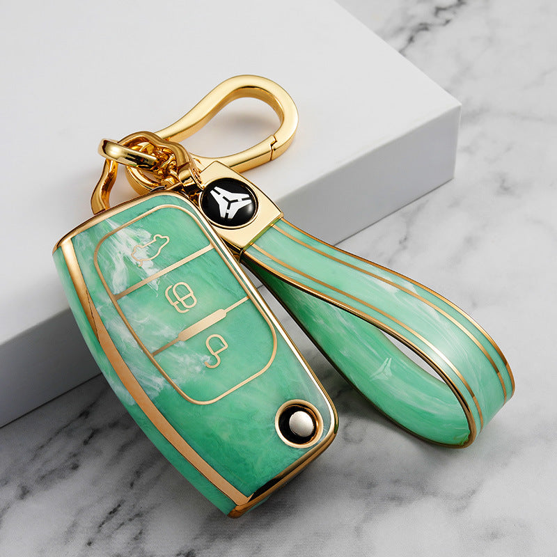 Carsine Ford Car Key Case Gold Inlaid With Jade Green / Key case + strap