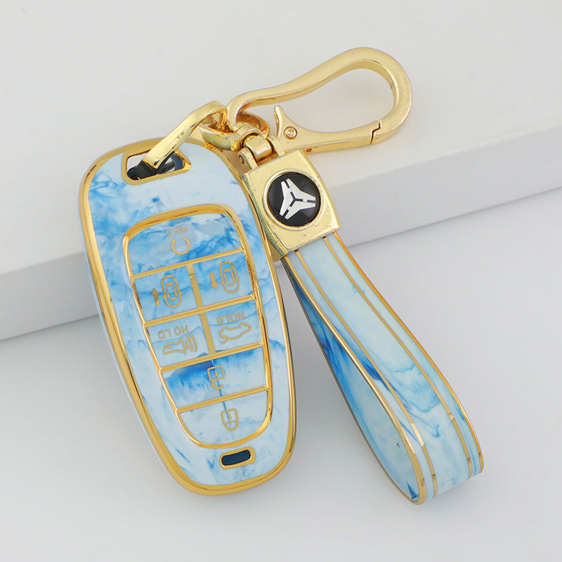 Carsine Hyundai Car Key Case Gold Inlaid With Jade Blue / Key case + strap