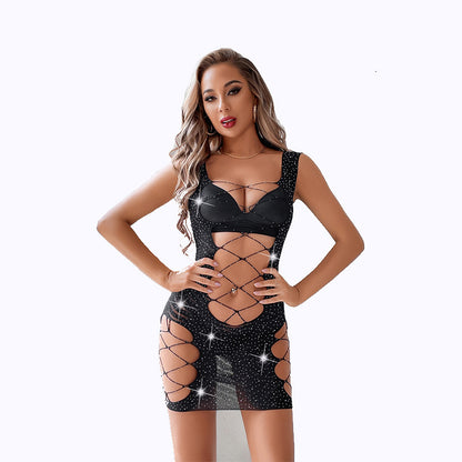 Rhinestone Sexy Lingerie Tight Net Dress