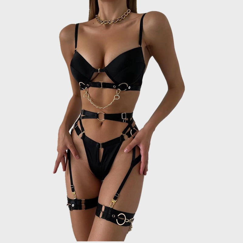 Metal chain accessories pure sexy lingerie four-piece set