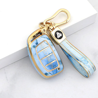 Carsine Hyundai Car Key Case Gold Inlaid With Jade Blue / Key case + strap