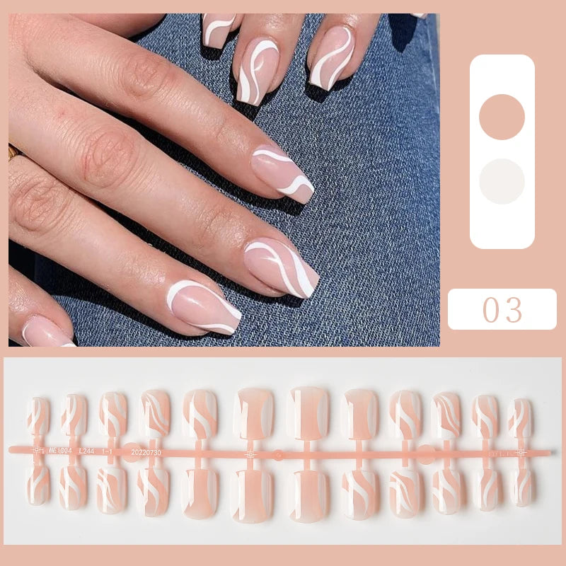 Carsine 24pcs Sweet Summer Fake Nails Patches Pink Glitter Nude Press on Nails Women Wearable Nail Art Stickers Full Finished False Nail Pattern-H03