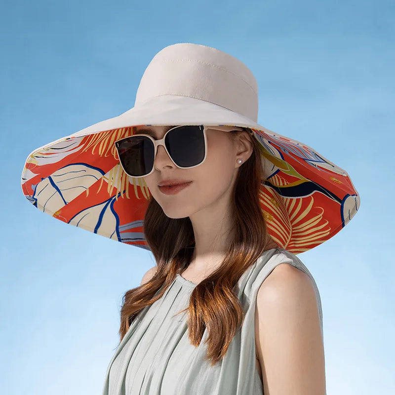 Carsine 18 cm/7 in Oversized Wide Brim Sun Hat Women's Double sided -Beige / 55-60 cm/22-24 in