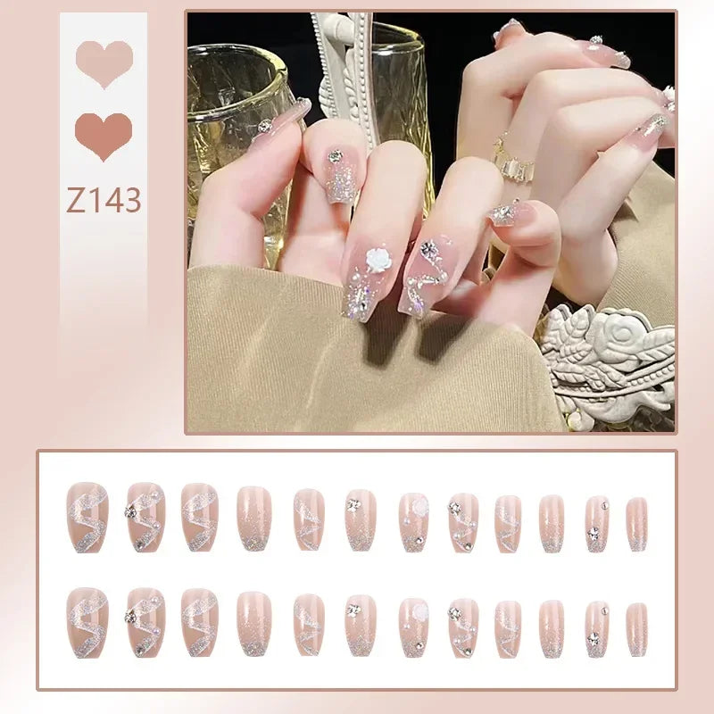 Carsine 24pcs/box Fake Nails Press on Reusable with Designs Set French Artificial Aurora Diamond False Tipsy Stick-on Nails Tips Art Z143