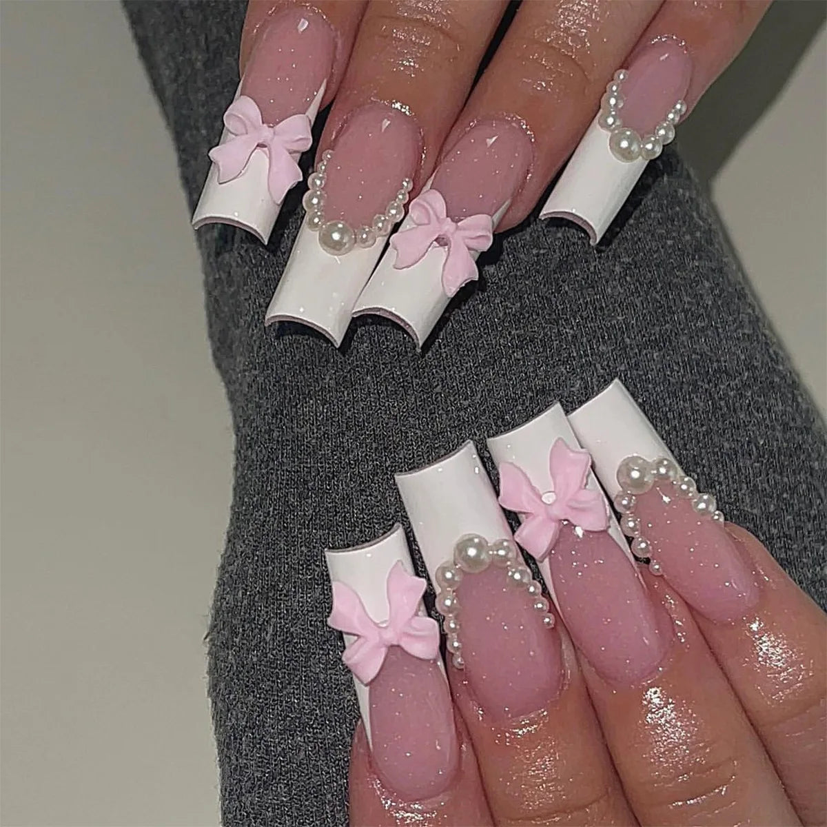 Carsine 24Pcs Pink Bow Design False Nails Long Ballet Press on Nails with Pearl Wearable Coffin Fake Nails French Square Finger Nail 88-37