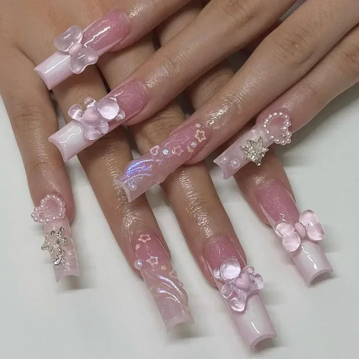 Carsine 24Pcs Pink Bow Design False Nails Long Ballet Press on Nails with Pearl Wearable Coffin Fake Nails French Square Finger Nail 2752