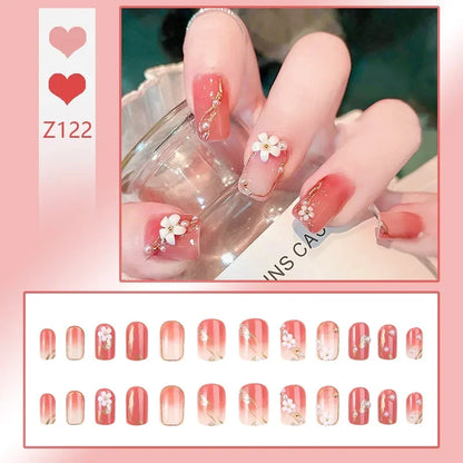 Carsine 24pcs/box Fake Nails Press on Reusable with Designs Set French Artificial Aurora Diamond False Tipsy Stick-on Nails Tips Art Z122