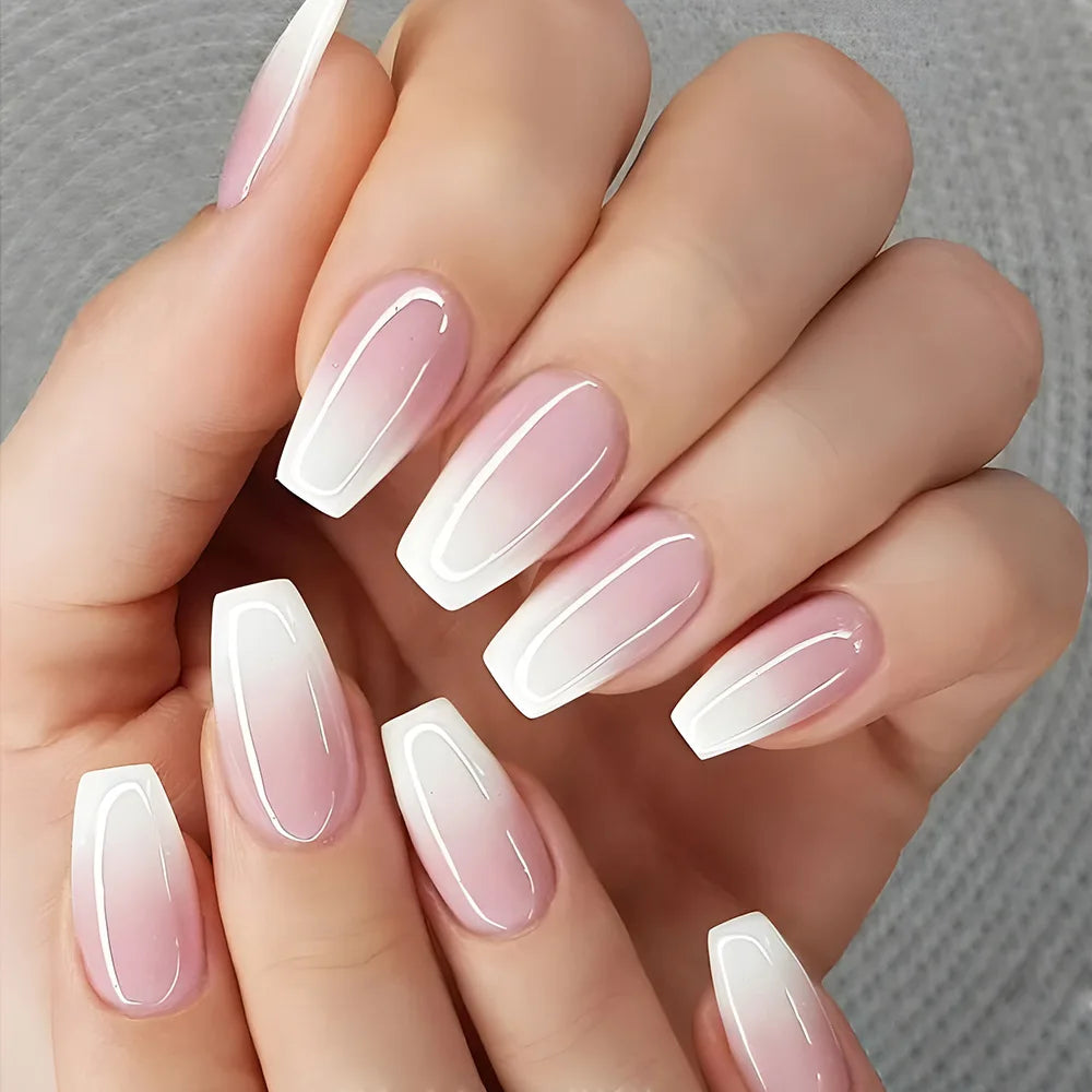 Carsine 24Pcs Gradient Acrylic Fake Nails Art Long Ballet Wearing Nails Fake Press on Nail Tips Full Cover Removable French False Nails PDJ2369-DY717