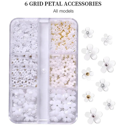 Carsine Hot Selling 6 Grids Macaron 3D Resin Five-petal Flowers Nail Art Deaoration Mixed Small Nail Ball/Crystal/Flamer Accessories