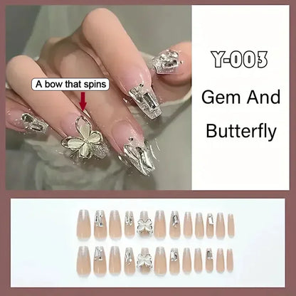 Carsine 24pcs/box Fake Nails Press on Reusable with Designs Set French Artificial Aurora Diamond False Tipsy Stick-on Nails Tips Art