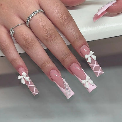 Carsine 24Pcs Pink Bow Design False Nails Long Ballet Press on Nails with Pearl Wearable Coffin Fake Nails French Square Finger Nail 91-22