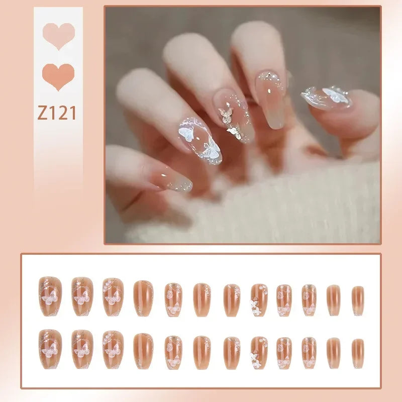 Carsine 24pcs/box Fake Nails Press on Reusable with Designs Set French Artificial Aurora Diamond False Tipsy Stick-on Nails Tips Art Z121-1