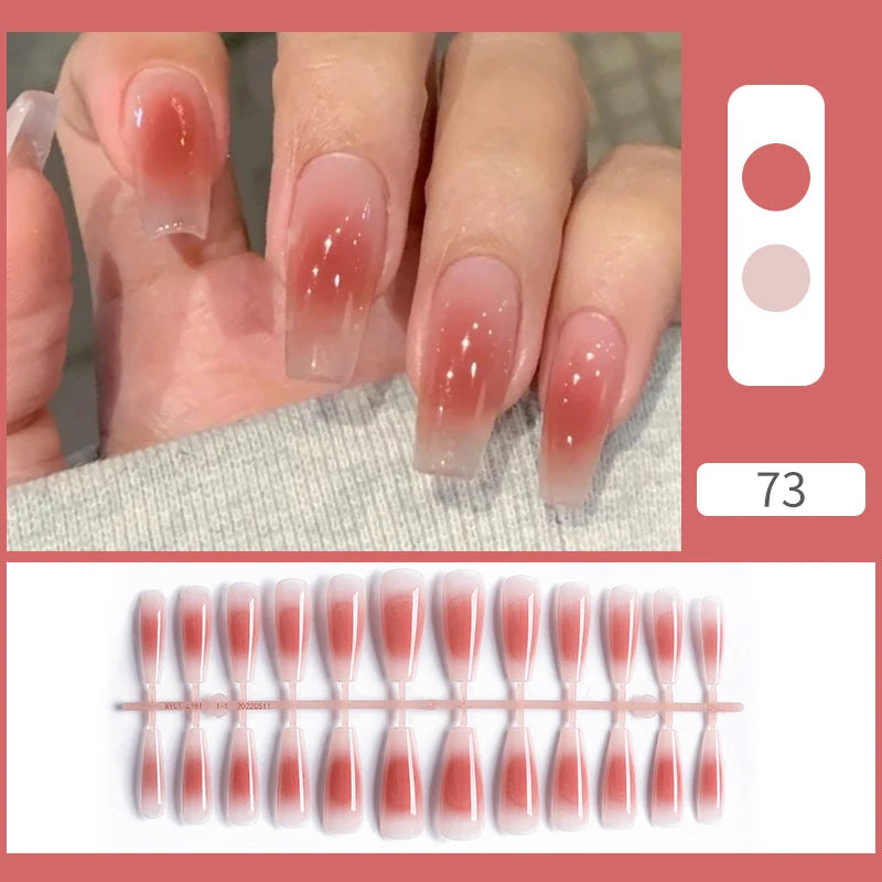 Carsine 24pcs Sweet Summer Fake Nails Patches Pink Glitter Nude Press on Nails Women Wearable Nail Art Stickers Full Finished False Nail Pattern-A73