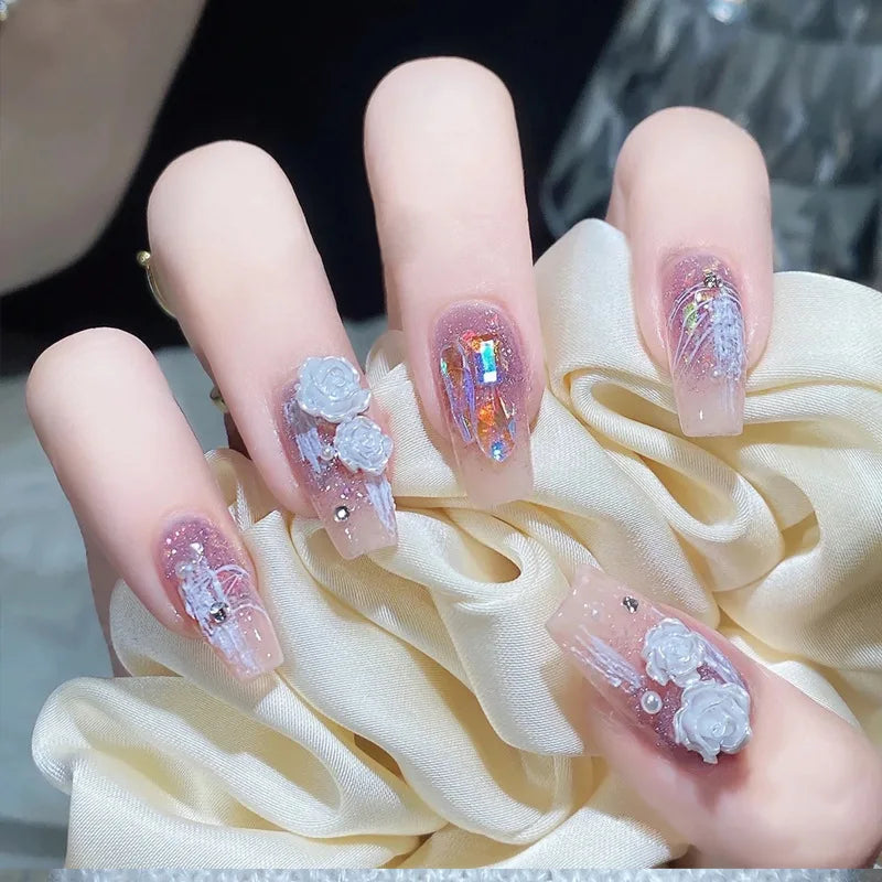 Carsine 24pcs Wearable Pink Press On Fake Nails Tips With Glue false nails design Butterfly Lovely Girl false nails With Wearing Tools H018 / 24pcs