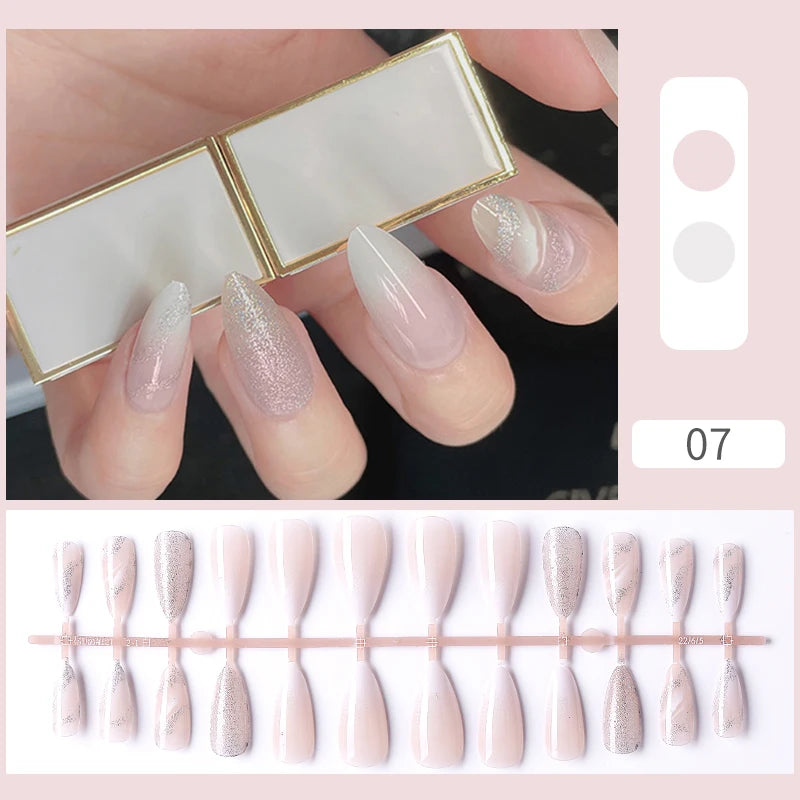 Carsine 24pcs Sweet Summer Fake Nails Patches Pink Glitter Nude Press on Nails Women Wearable Nail Art Stickers Full Finished False Nail a7